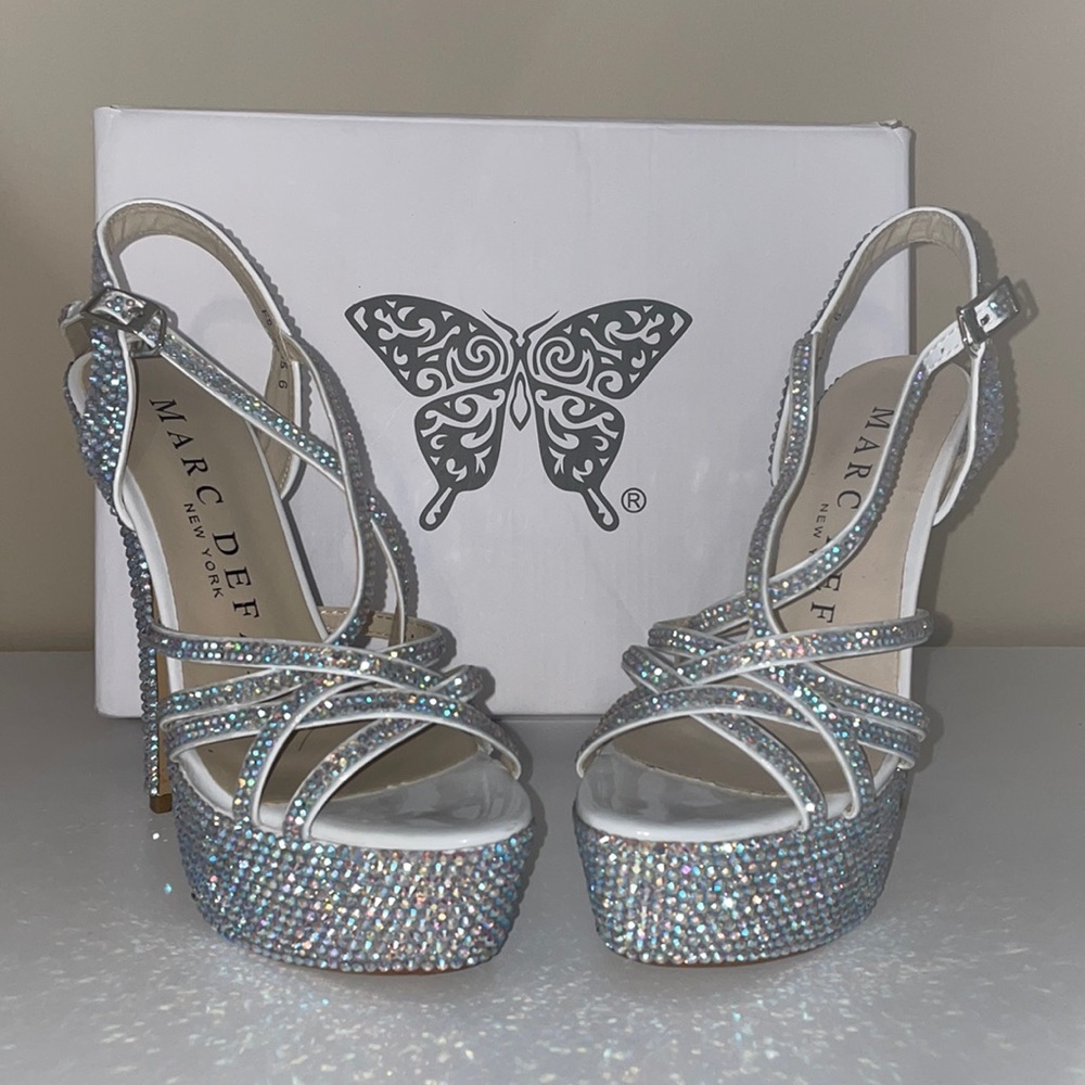 Marc Defang custom rhinestone AB crystal platform heels.